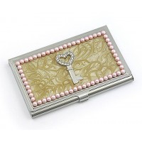 Business Card Holder - 12 PCS Enamel Accented w/ Pearl - Pink - CH-GCH1291PN 